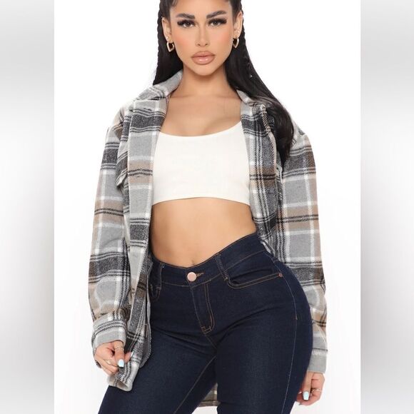Penelope Plaid Shirt Jacket - Grey/Combo - Picture 2 of 4